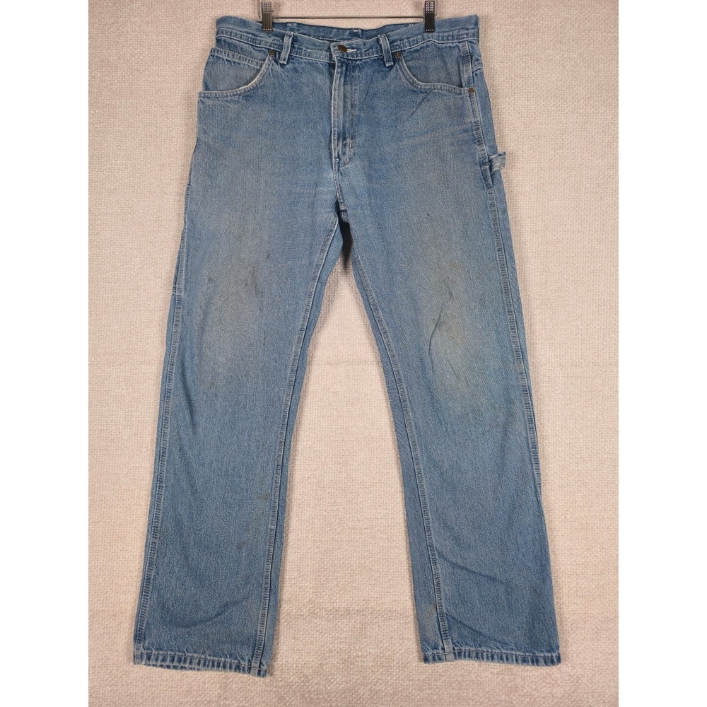 VTG Key Industries Carpenter Work Pants Light Blue Denim Stained Thrashed 36x33